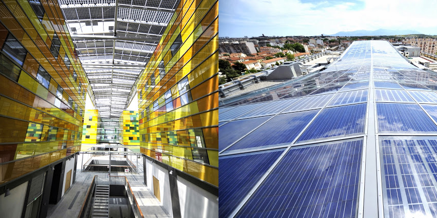 Figure 2 - A BIPV installation in the roof of Perpignan railway station in France, seen from the interior (left) and exterior (right).